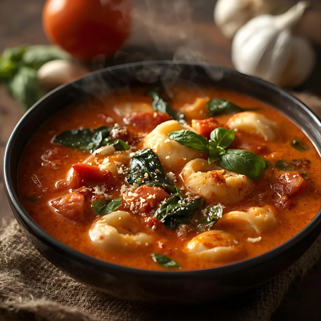 Creamy Tomato Tortellini Soup in a bowl