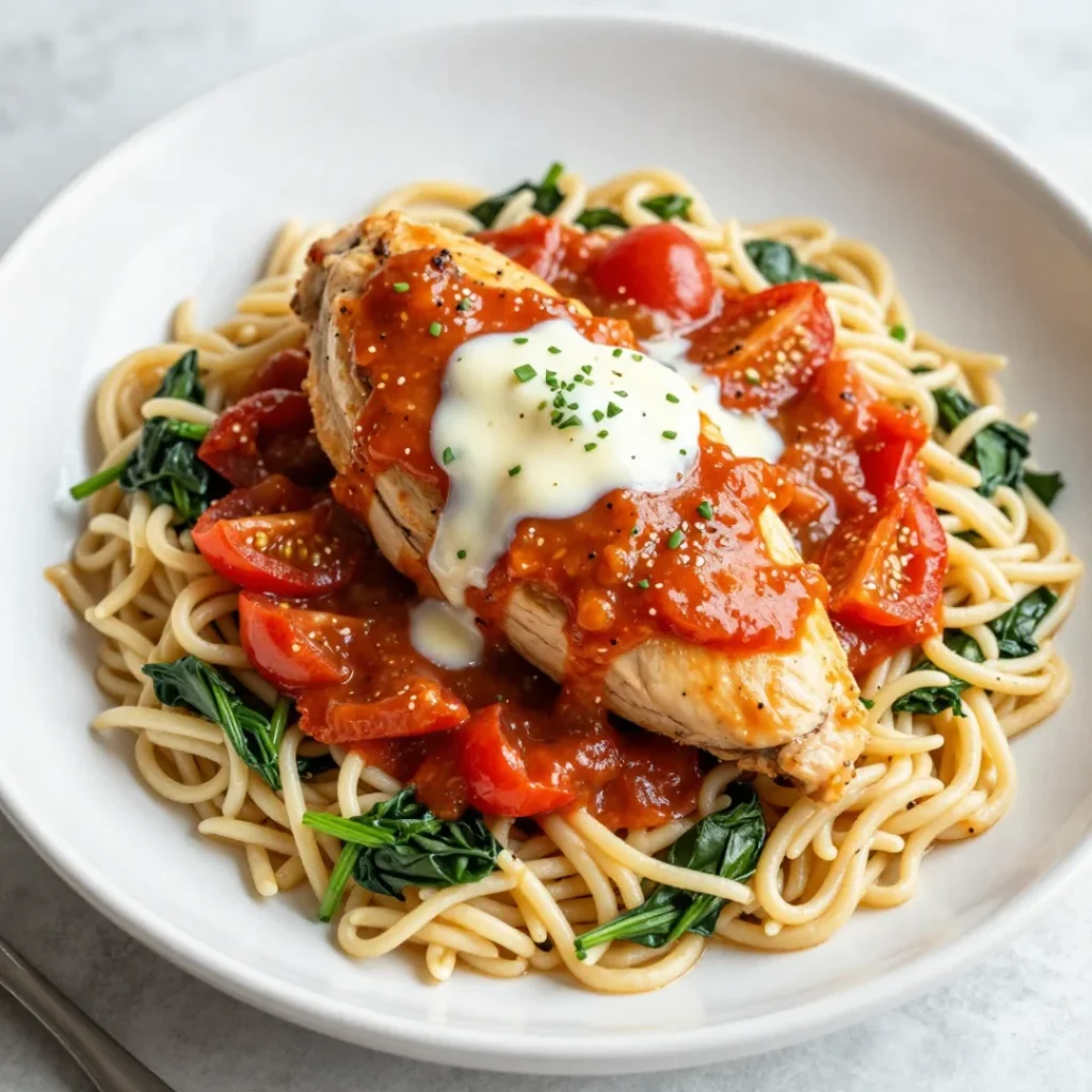 Chicken with White Wine Vinegar Tomato Sauce and Spinach Orzo