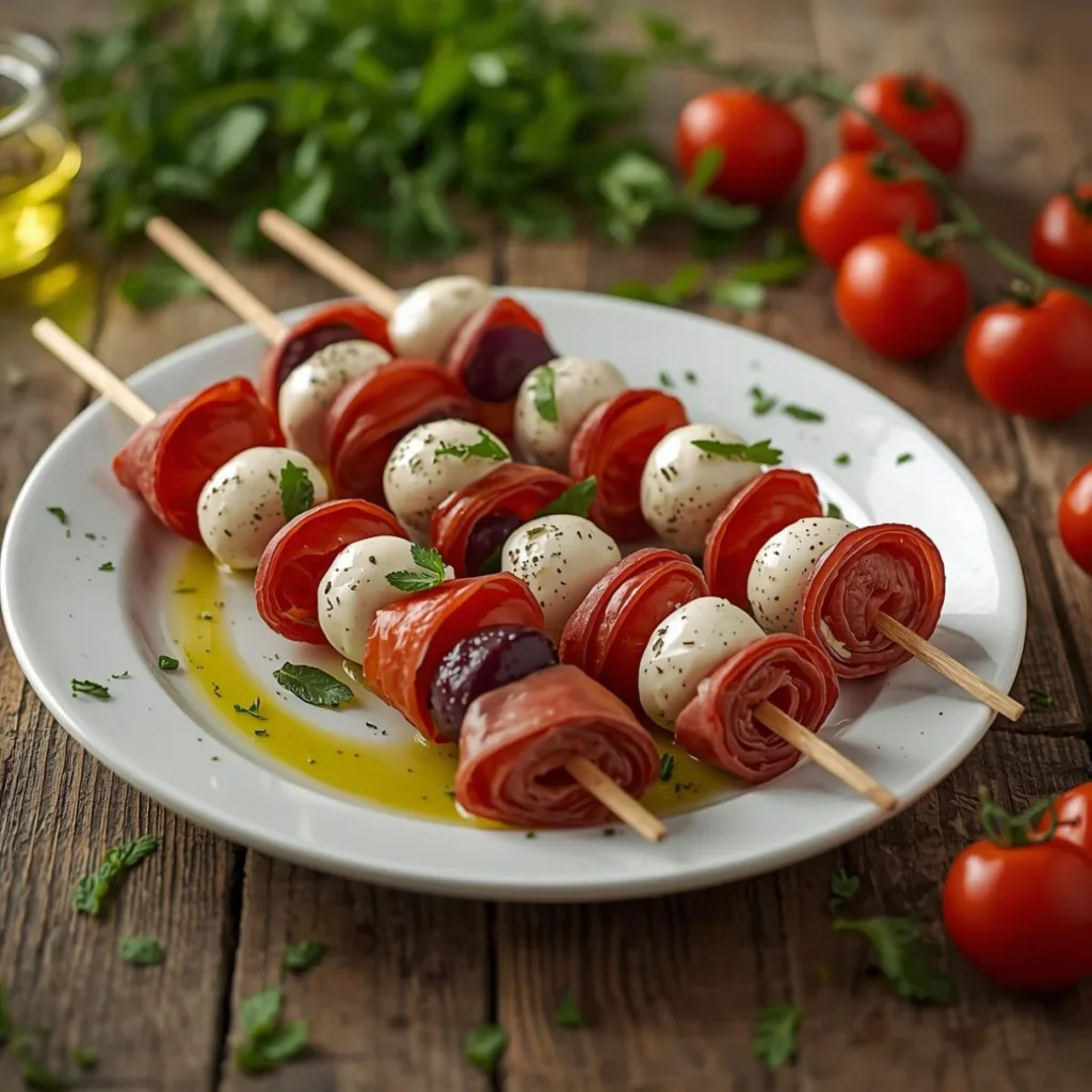 Antipasto Skewers with Salami Mozzarella