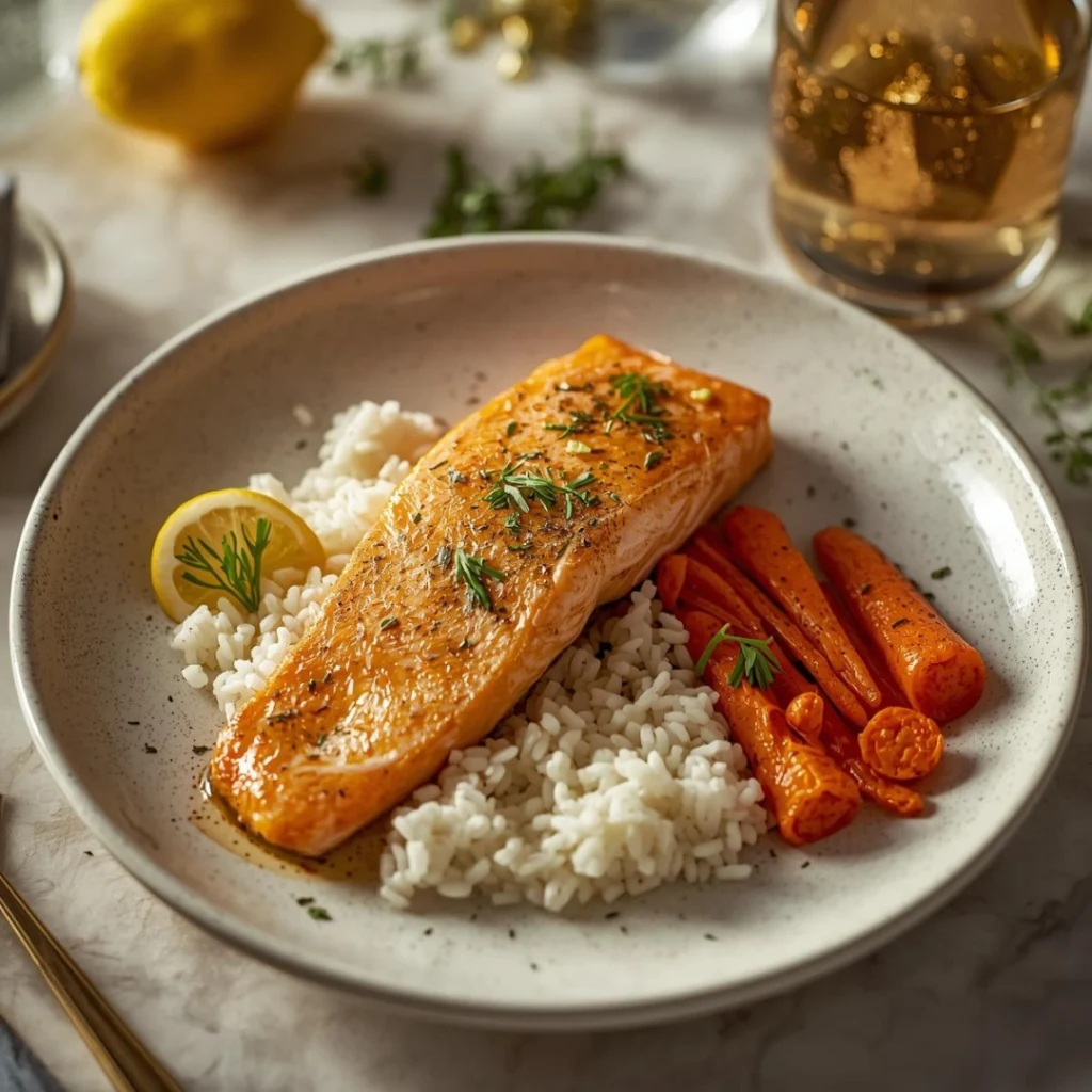 Garlic Butter Salmon Rice Roasted Carrots