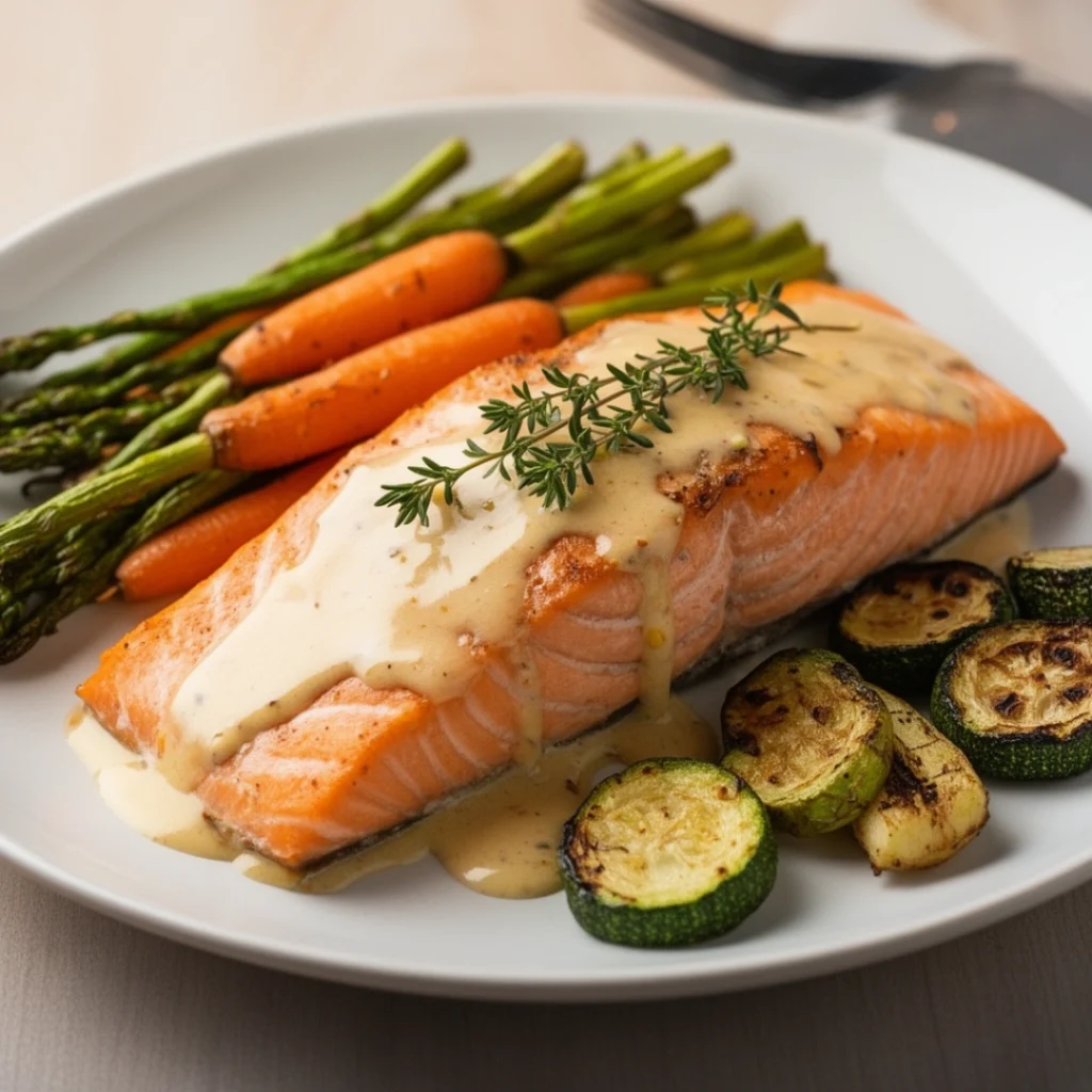 Honey Dijon Salmon with Roasted Spring Vegetables