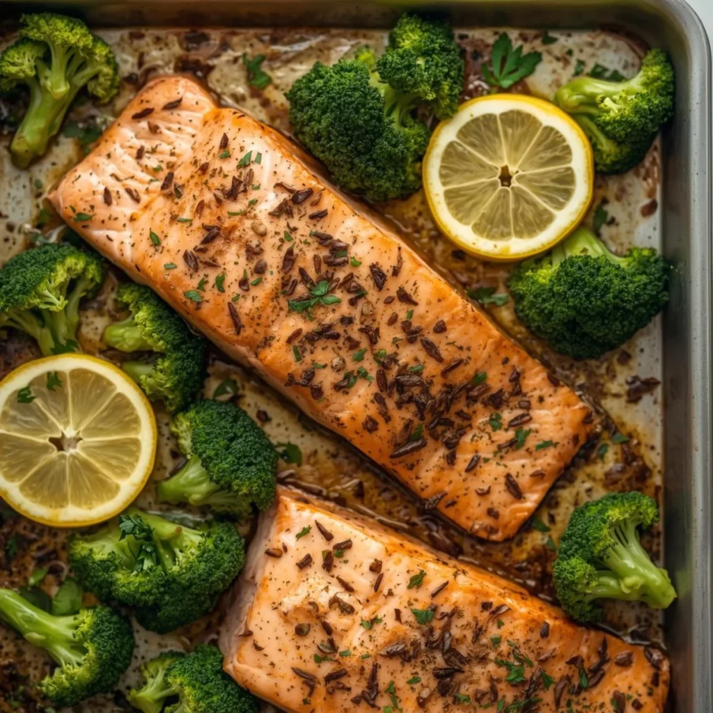 One Pan Lemon Garlic Salmon with Broccoli