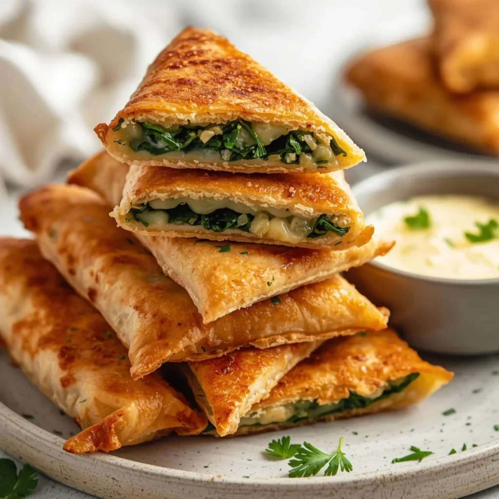 Cheesy Spinach Spring Roll Triangles