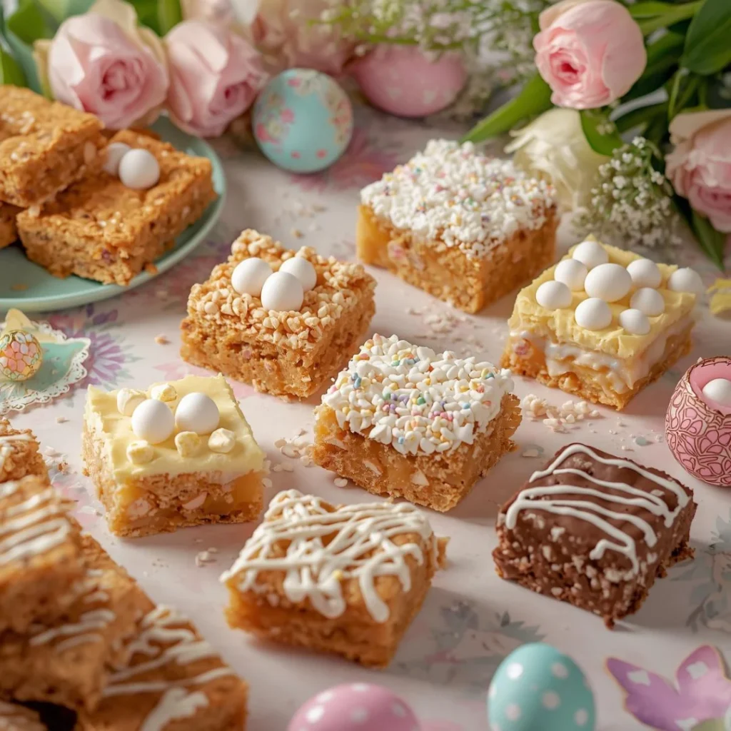 Easter dessert spread featuring blondie bars