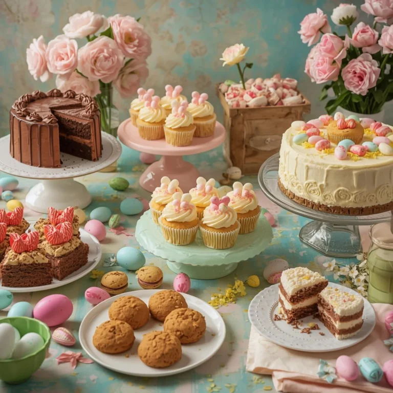 Easter dessert table featuring eggless