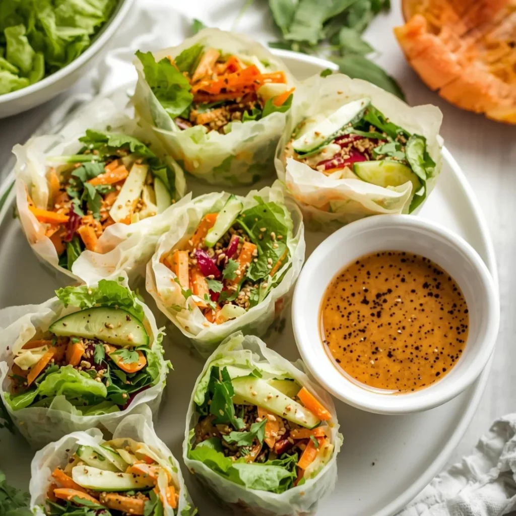 Rice Paper Mini Salad Spring Rolls with Sesame Dressing