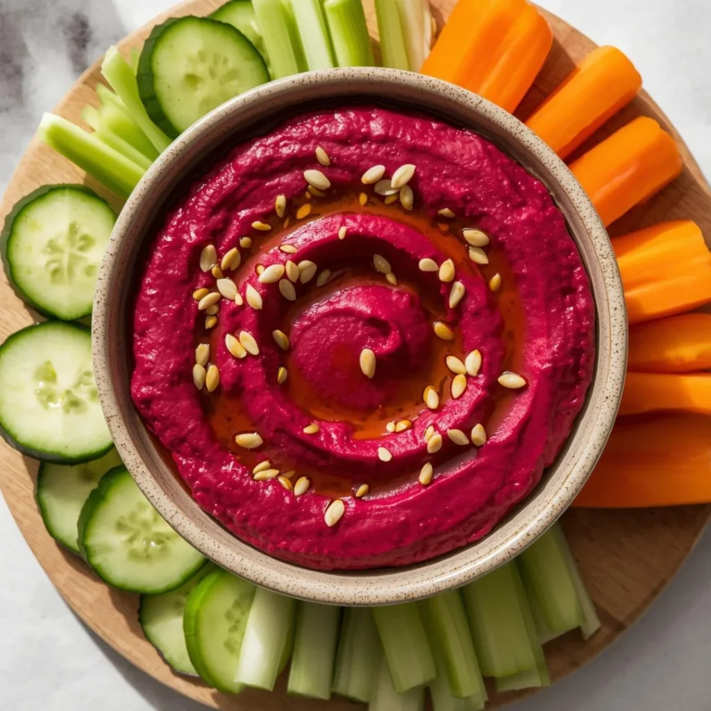 Roasted Beet Hummus with Veggie Sticks