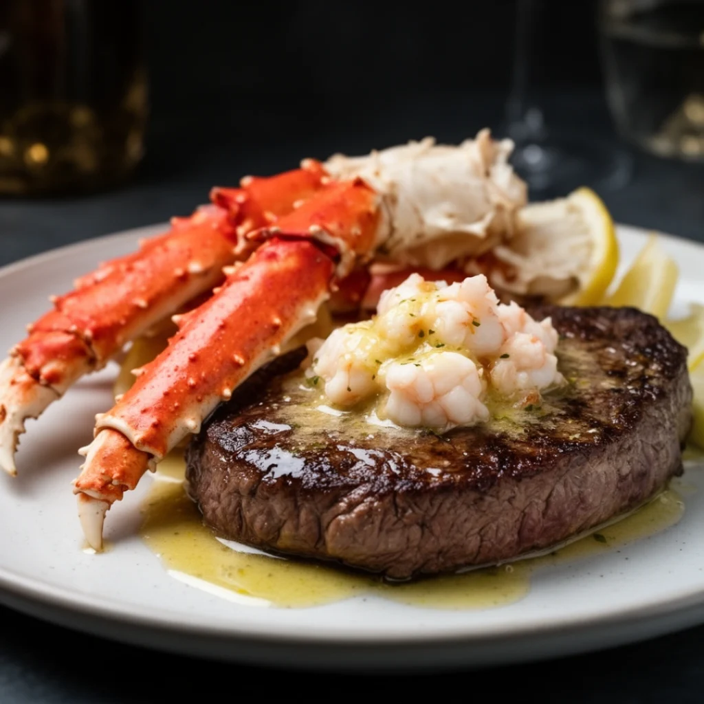 Steak with Crab Legs Lemon Butter