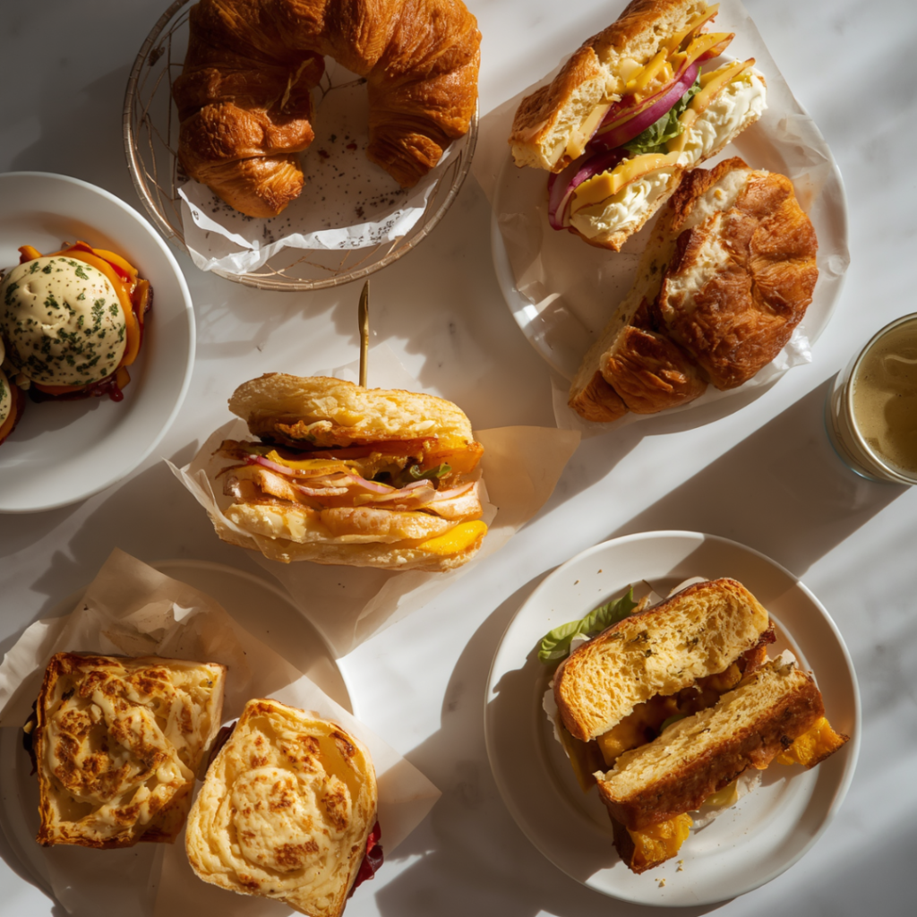 breakfast sandwiches on croissants
