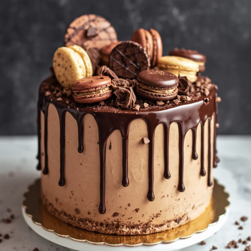 Chocolate Drip Cake With Macarons