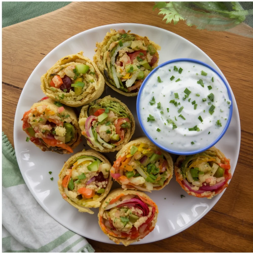 3. Rainbow Veggie Pinwheels with Ranch Dip