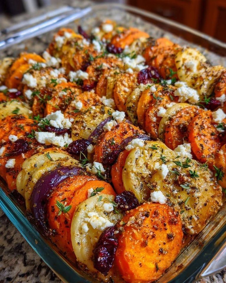 Layered Sweet Potato, Squash & Carrot Bake with Cranberry-Honey Drizzle