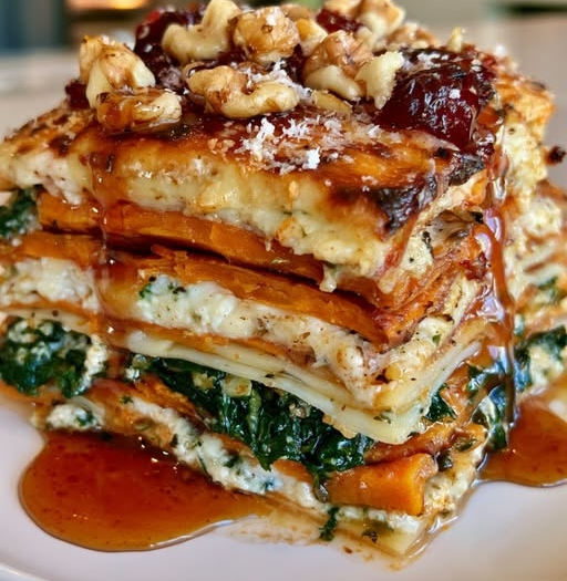 Layered Sweet Potato, Spinach & Ricotta Lasagna with Walnuts & Cranberries