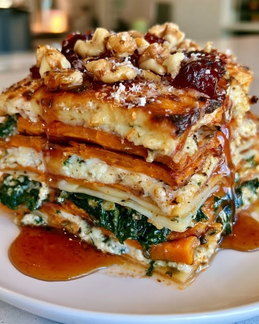 Layered Sweet Potato, Spinach & Ricotta Lasagna with Walnuts & Cranberries