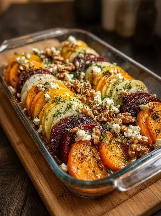 Mediterranean Layered Beet, Sweet Potato & Feta Gratin with Walnuts