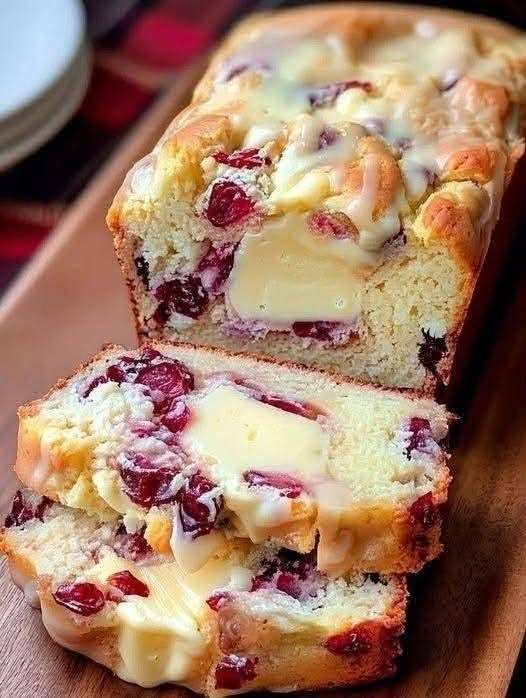 Cranberry Cream Cheese Loaf Cake with White Chocolate Glaze