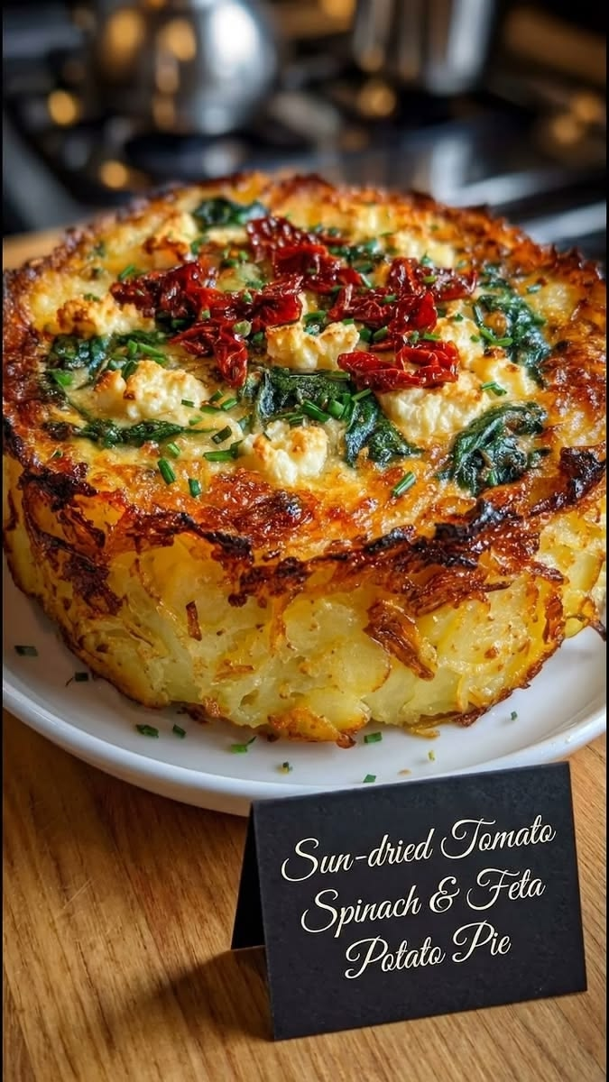 Mediterranean Spinach, Feta & Sun-Dried Tomato Quiche with Crispy Potato Crust