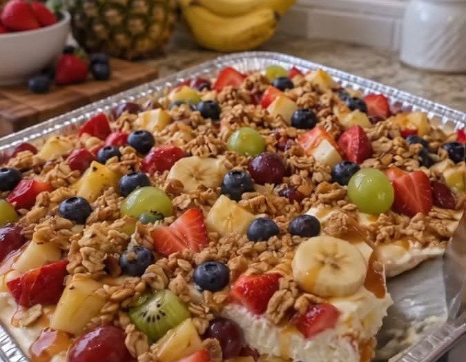 Cheesecake Fruit Salad in a Tin Foil Tray
