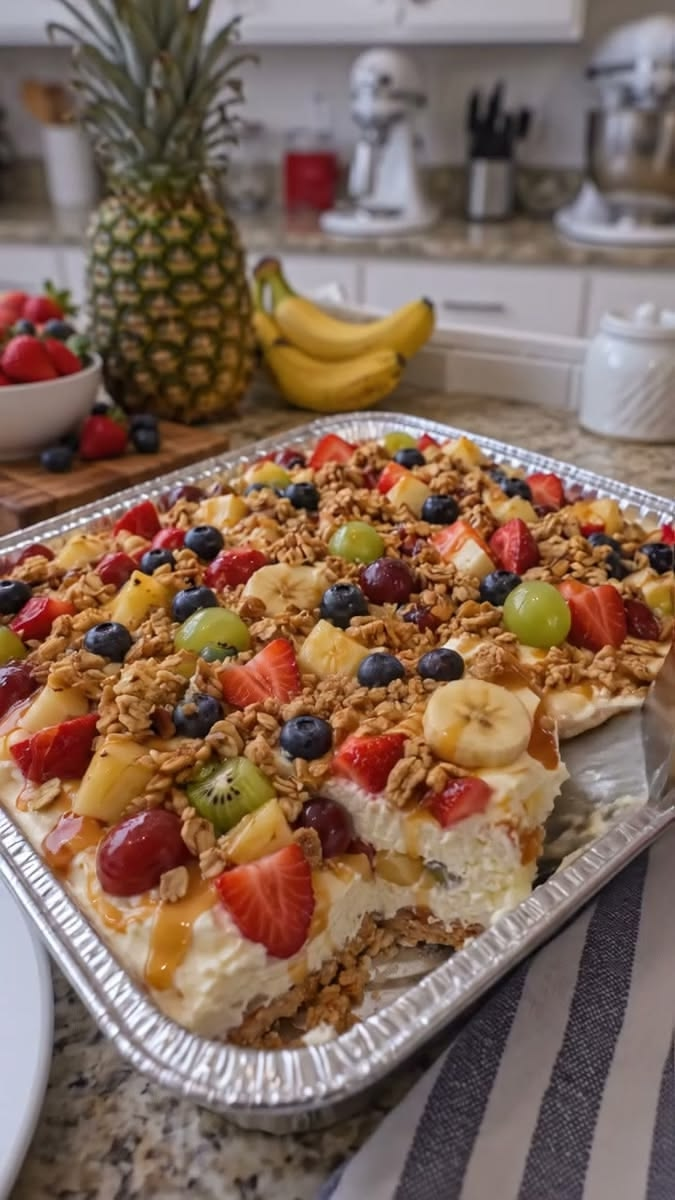 Cheesecake Fruit Salad in a Tin Foil Tray