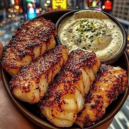 Perfect Air Fryer Blackened Cod with Creamy Garlic Herb Sauce