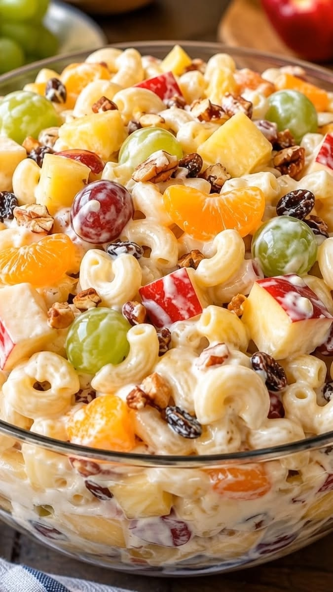Creamy Macaroni Fruit Salad with Crunchy Nuts