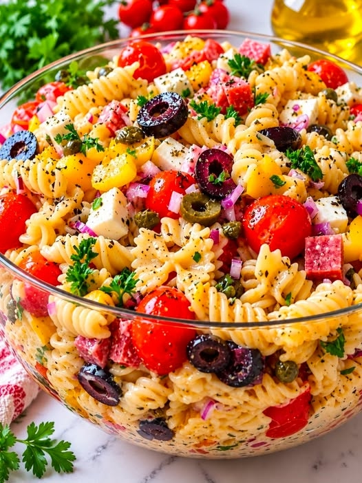 Creamy Mediterranean Pasta Salad with Mozzarella, Olives & Cherry Tomatoes