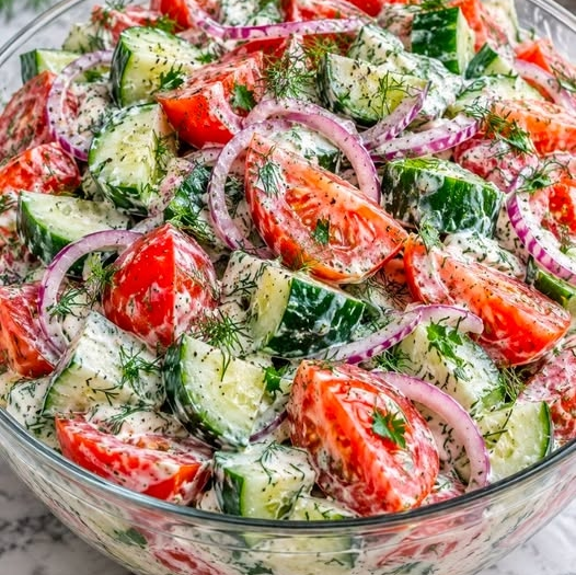 Creamy Cucumber, Tomato & Red Onion Salad with Fresh Dill Dressing
