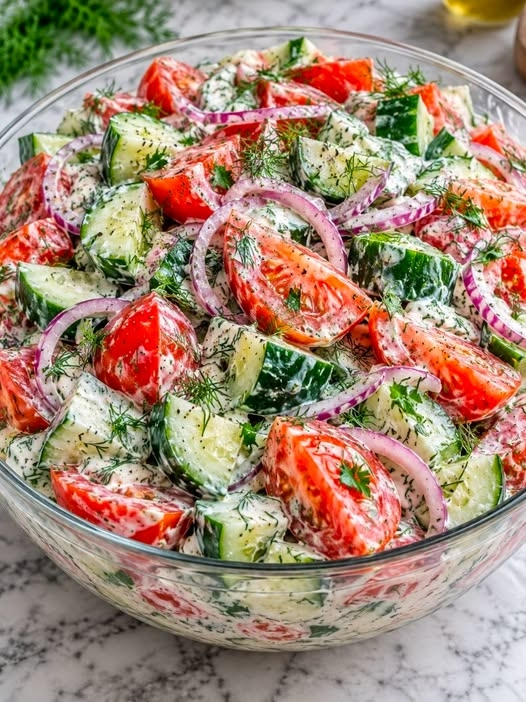 Creamy Cucumber, Tomato & Red Onion Salad with Fresh Dill Dressing