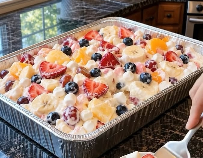 Cheesecake Fruit Salad in a Tin Foil Tray