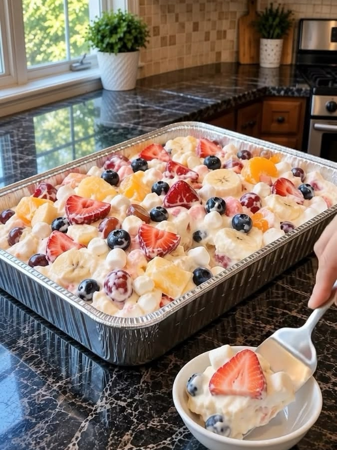 Cheesecake Fruit Salad in a Tin Foil Tray