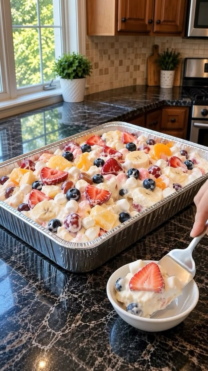 Cheesecake Fruit Salad in a Tin Foil Tray
