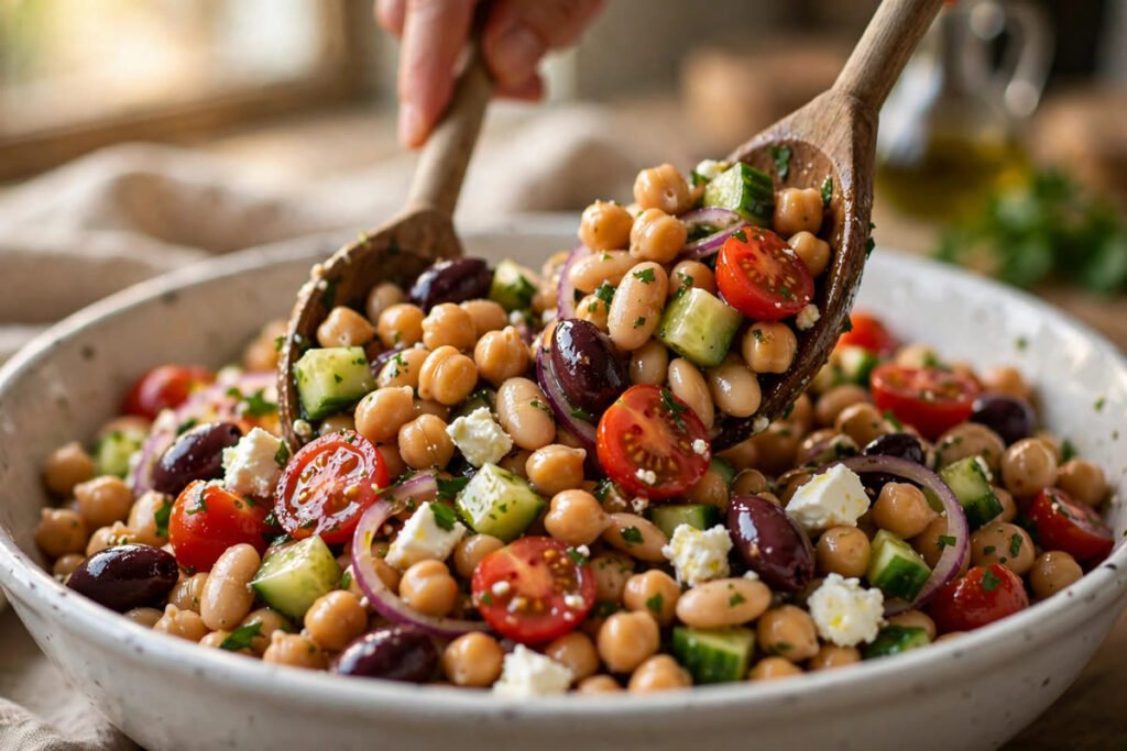 Mediterranean dense bean salad with chickpeas, cucumber, tomatoes and feta being tossed in a bowl