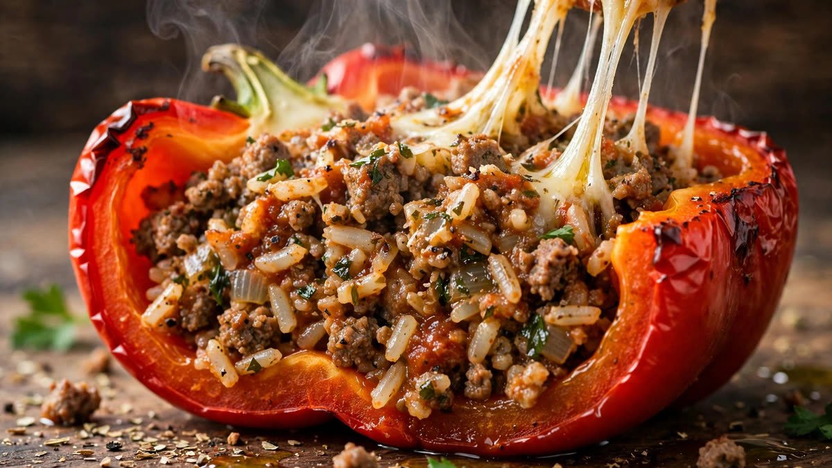 Stuffed Bell Peppers with melted mozzarella cheese