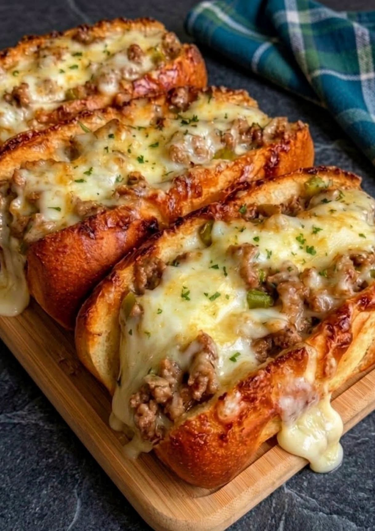 Cheesy Ground Beef Garlic Bread