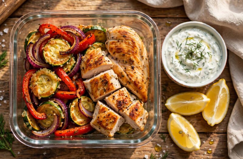 Mediterranean Chicken & Fried Veggies with Tzatziki (VIRAL Meal Prep)