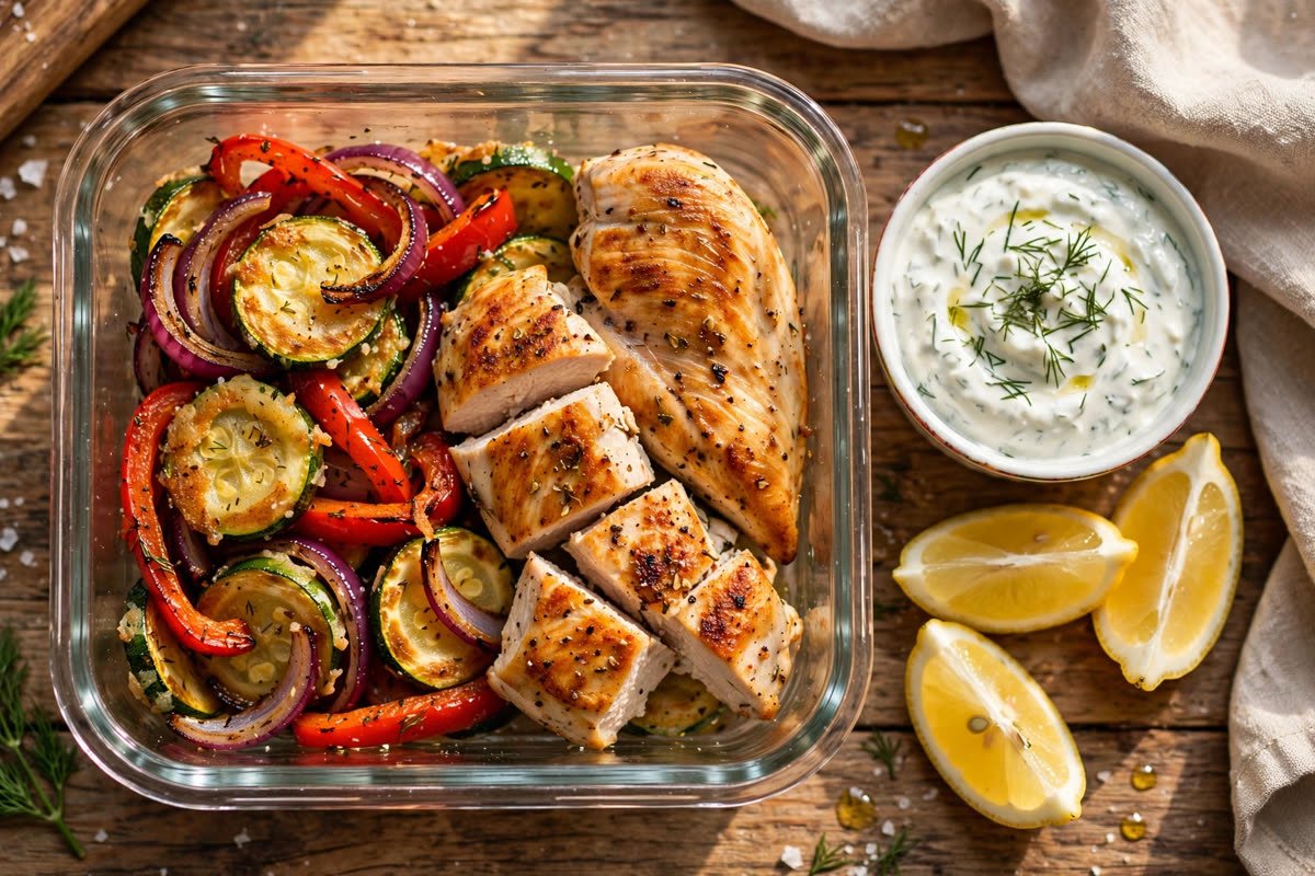 Mediterranean Chicken & Fried Veggies with Tzatziki (VIRAL Meal Prep)