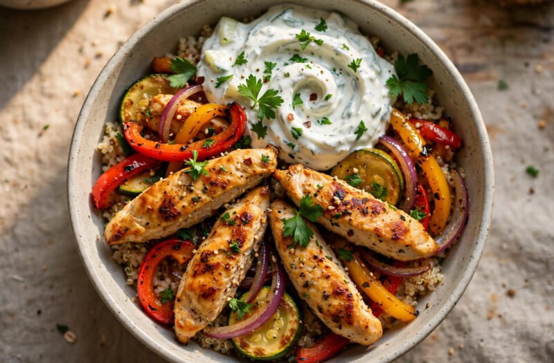 Mediterranean Chicken & Fried Veggies with Tzatziki