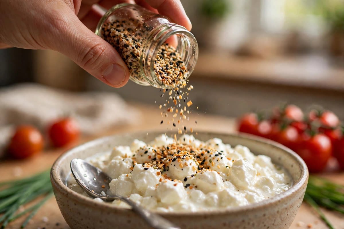 Sprinkling everything bagel seasoning over a bowl of cottage cheese