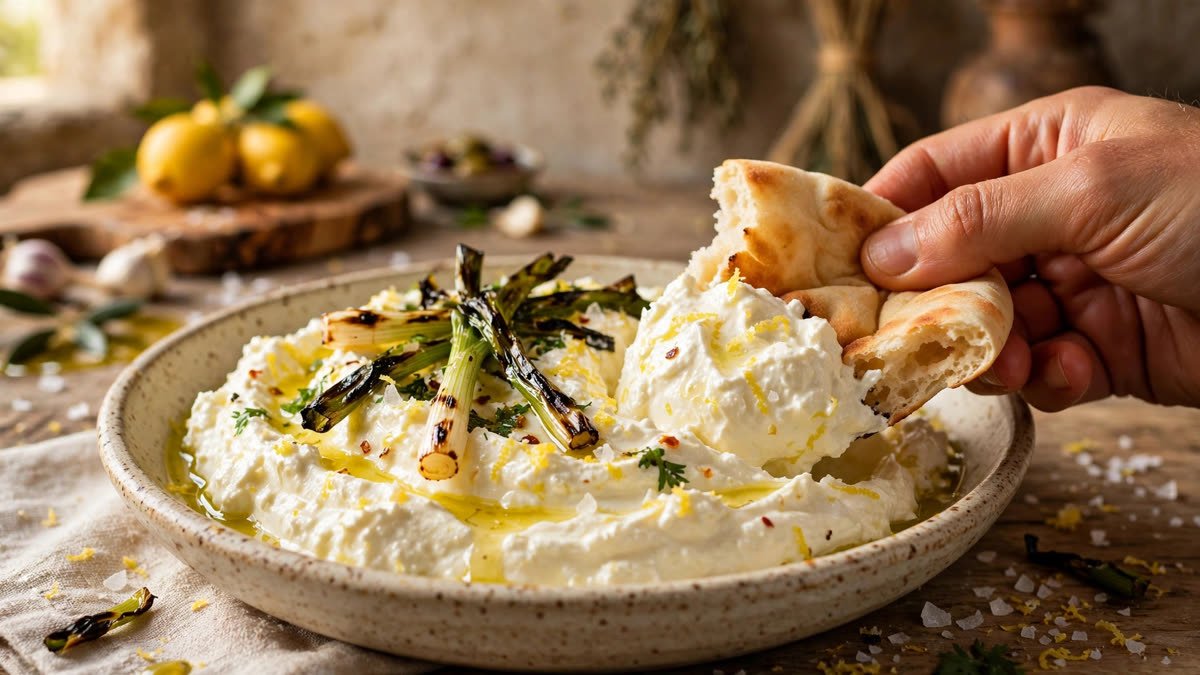 Hand scooping lemony whipped feta with warm pita
