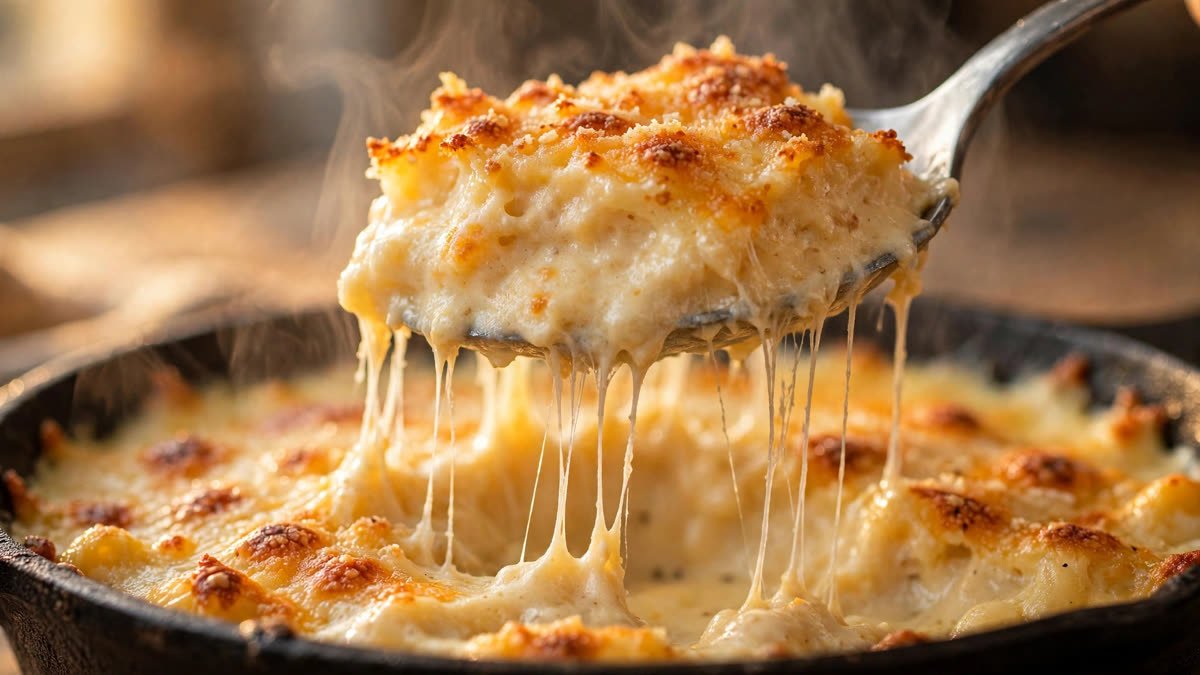 Baked carnivore mac and cheese with a golden cheese crust