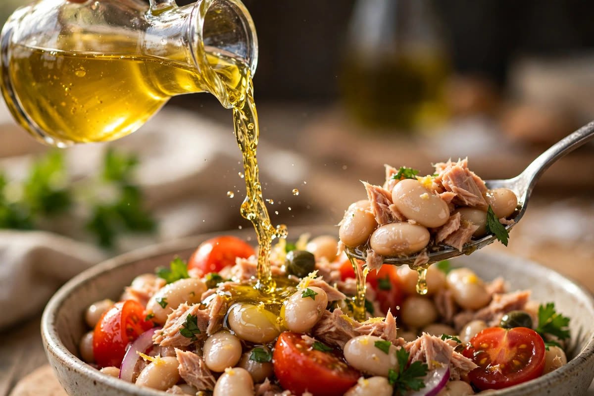 Close-up of golden lemon olive oil dressing being poured over Mediterranean tuna and white bean salad as a spoon lifts tuna and beans