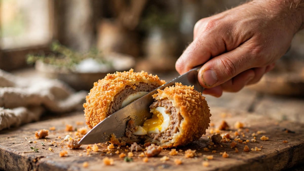Slicing a crispy carnivore Scotch egg