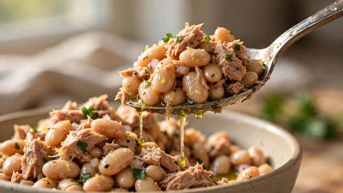 Close-up of a spoon lifting Mediterranean tuna and white bean salad from the bowl