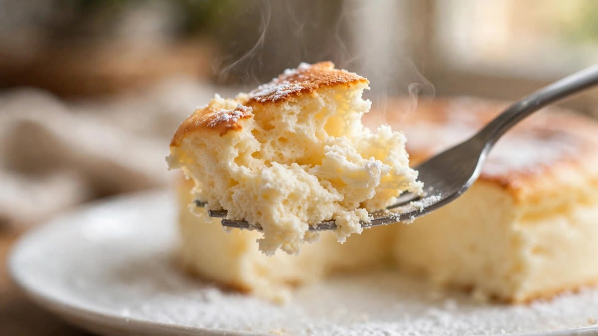 fork lifting bite of jiggly Japanese protein cheesecake