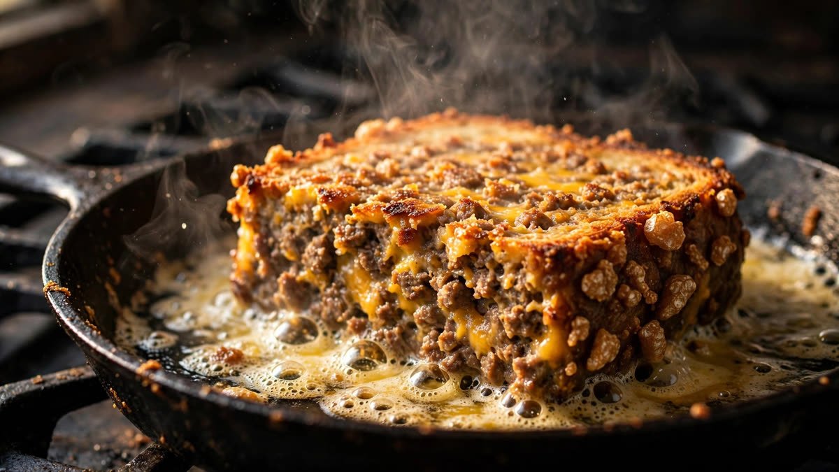 Sliced carnivore meat bread toasting golden in a buttered skillet