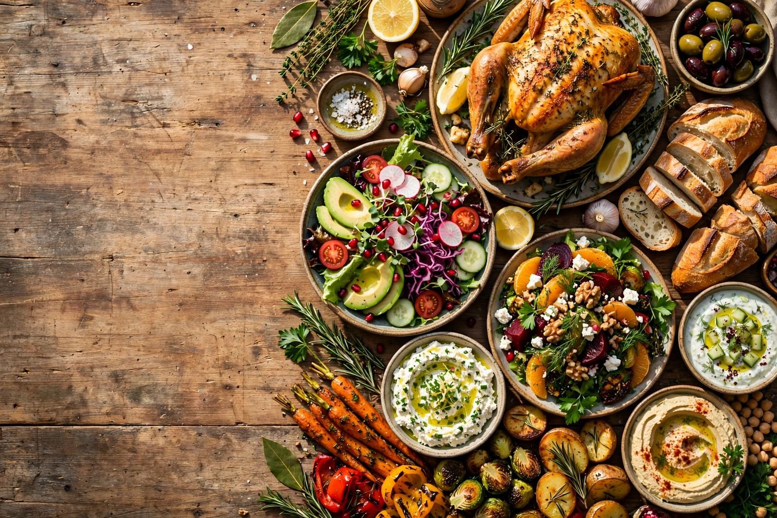 A feast spread of roasted chicken, fresh salads, bread, and desserts on a wooden table