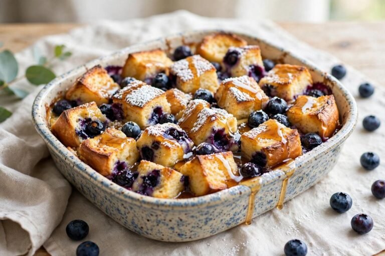 A blueberry French toast bake with golden edges and fresh blueberries in a baking dish