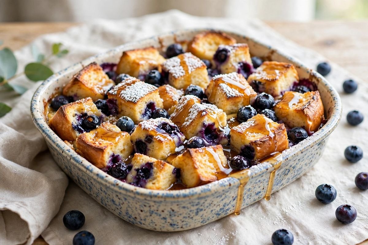 A blueberry French toast bake with golden edges and fresh blueberries in a baking dish