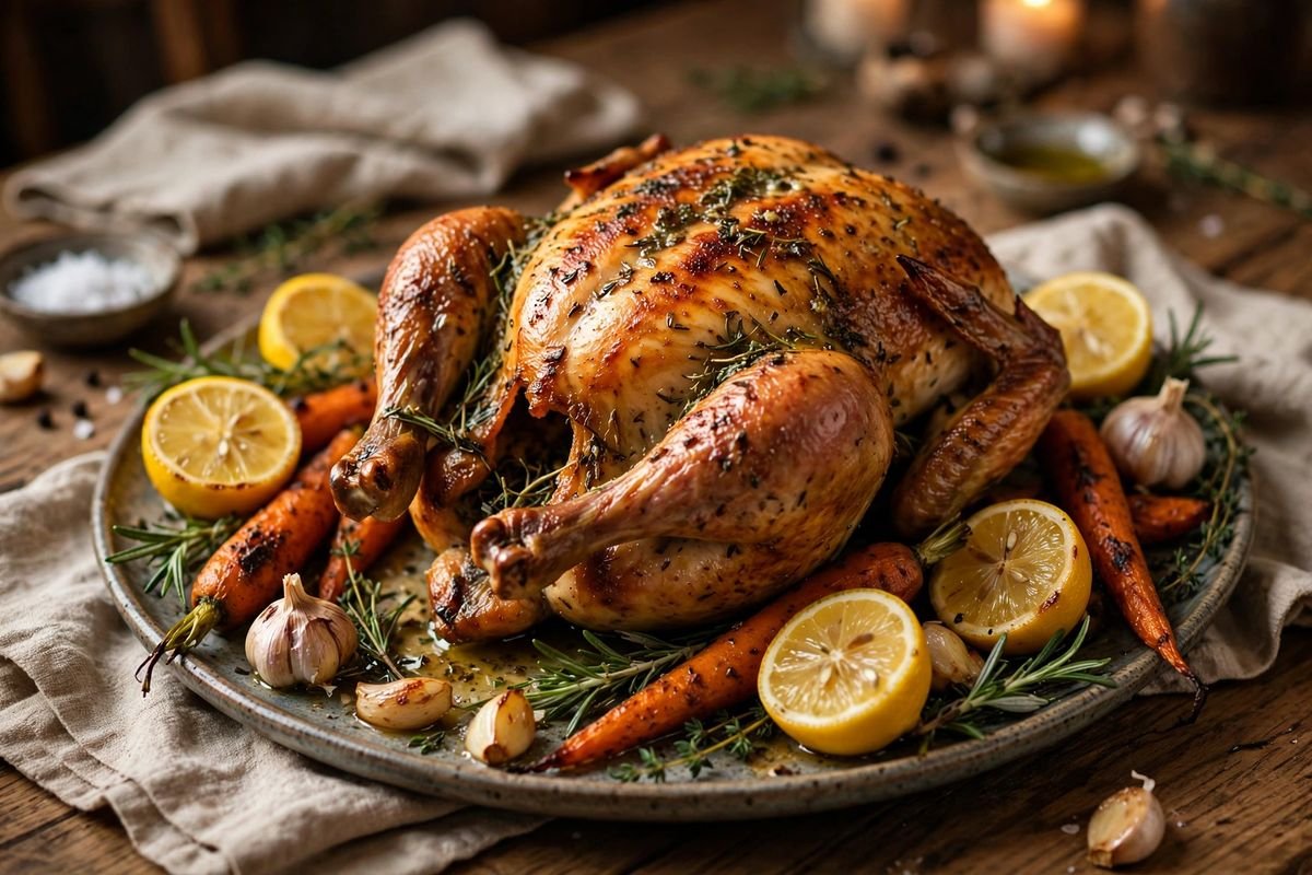 A golden herb roasted whole chicken with garlic butter, rosemary, and lemon on a platter