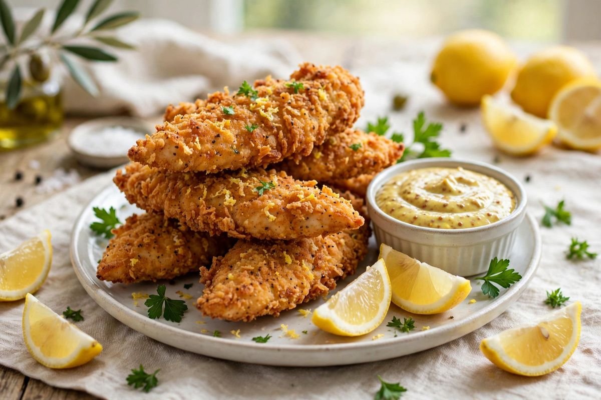 Crispy lemon pepper chicken tenders with lemon wedges and dipping sauce on a plate